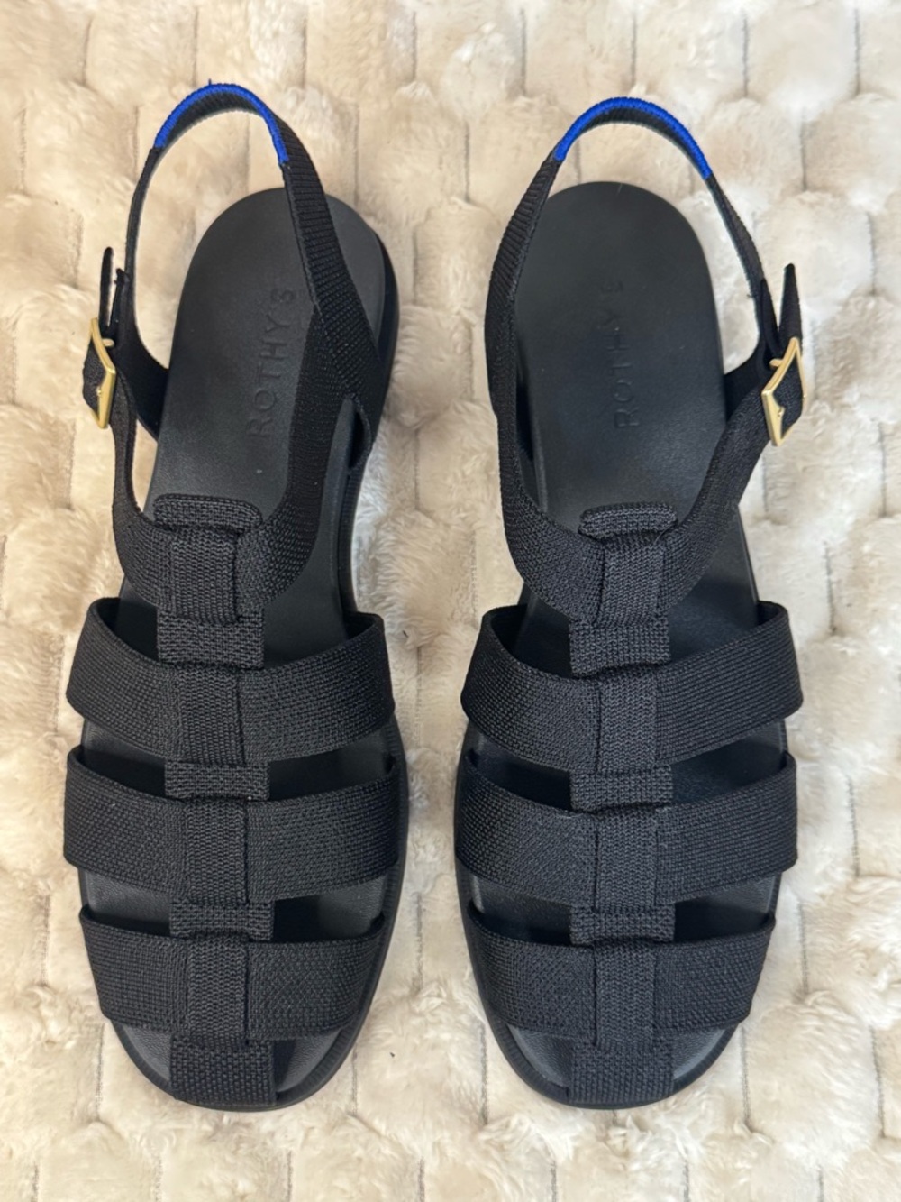 Rothy's Black Woven Fisherman Sandals with Blue Heel Stitching Women’s Size 10